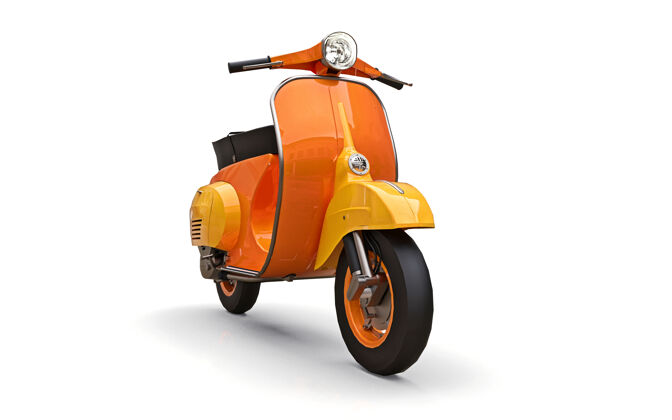 快递复古欧洲橙色踏板车白色背景三维渲染驾驶街道城市