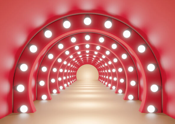 向上橙色走廊上的红色拱门或隧道 带照明背景3d渲染墙极简隧道