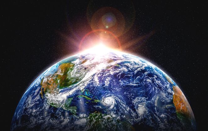 地平线地球-地球-从太空看地球 显示真实的地球表面和世界地图星系天空宇宙