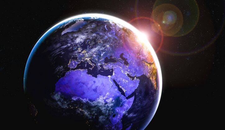 轨道地球-地球-从太空看地球 显示真实的地球表面和世界地图地图太阳系辉光