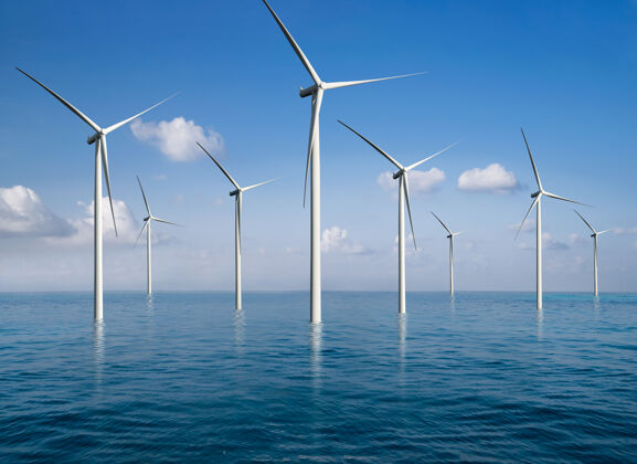 清洁风电场发电机组在美丽的自然景观中生产可再生能源生态风力涡轮机风车