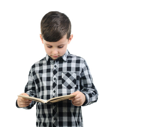 衬衫6岁的男孩穿着灰色衬衫在白色孤立的背景下看书 男孩在看书 男孩在读书；教育教育白人种族白色