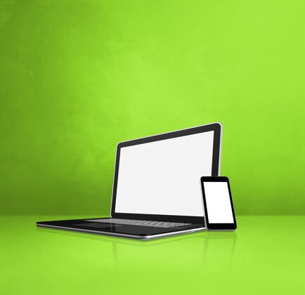 网站绿色办公桌上的笔记本电脑和手机3d插图技术室内彩色