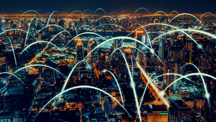 全球全球化的智慧数字城市抽象图形展示连接网络社交媒体信息连接