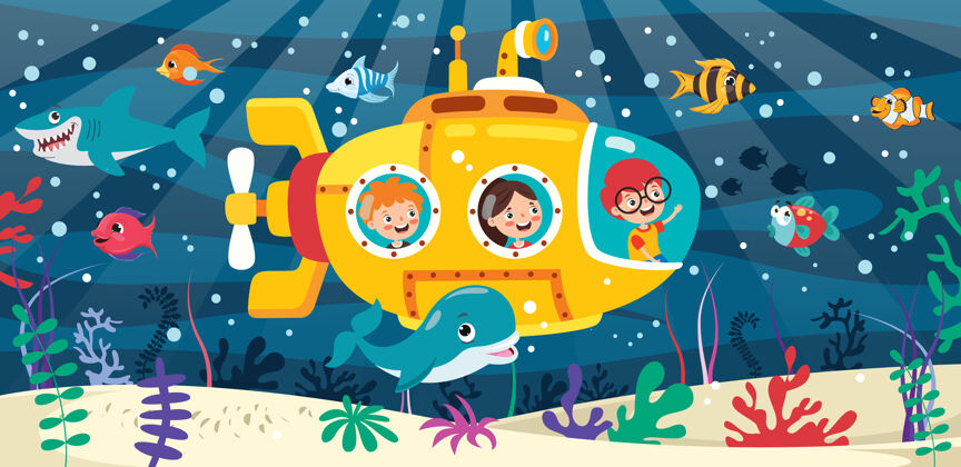 深海海底卡通潜水艇水下孩子螺旋桨