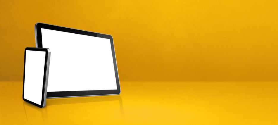 集合黄色办公桌上有手机和数字平板电脑水平背景横幅3d插图室内空白屏幕