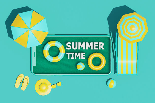 产品顶视图 夏季的概念与夏季元素智能手机三维渲染夏季沙滩球太阳镜