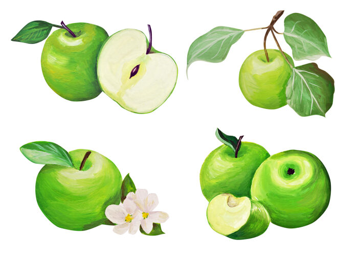水彩画一套苹果手绘图精致水果是用水粉画出来的 以一种写实的风格收获美味多汁