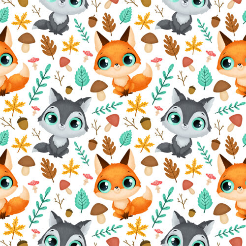 树叶森林动物沃尔夫还有狐狸图案秋天包装纸树枝