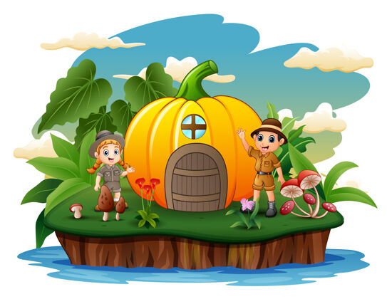 漂浮卡通童子军带着南瓜房子在岛上蘑菇海洋探索