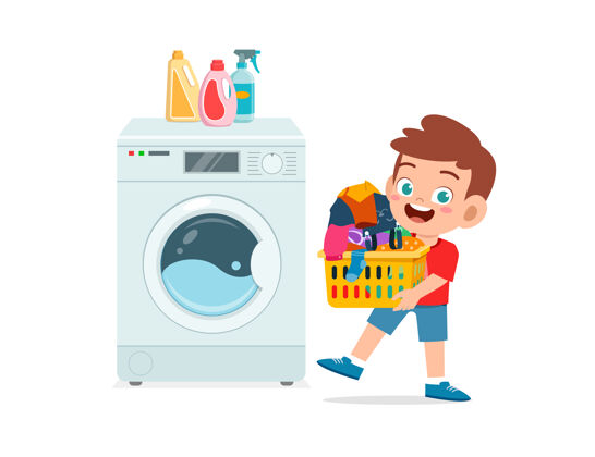 卡瓦伊快乐可爱的孩子用洗衣机洗衣服脏洗衣机家务