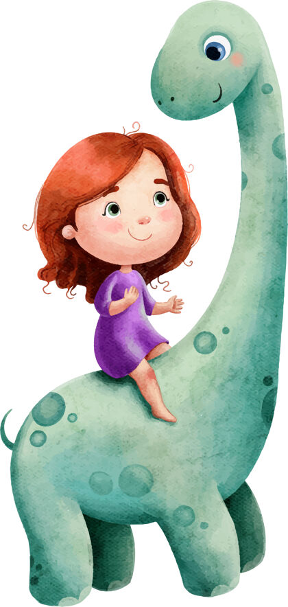 水彩画一只长脖子的绿色恐龙和一个红发女孩的水彩插图友谊爬行动物红头发