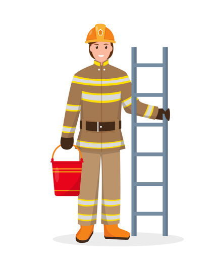 男性带消防梯和水桶的消防员角色消防员职业保护