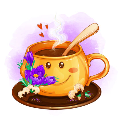 咖啡杯子里有春天的番红花和心巧克力饼干微笑花杯子