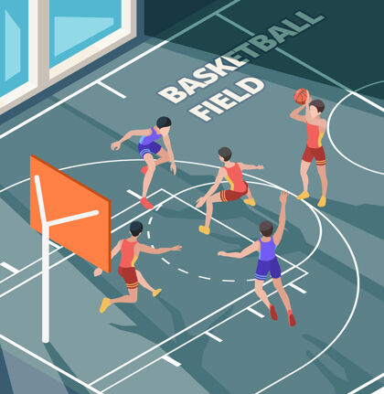 比赛篮球野外运动俱乐部活跃的游戏玩家在行动中摆出橙色的球在球场或地板等轴测字符设置场地俱乐部