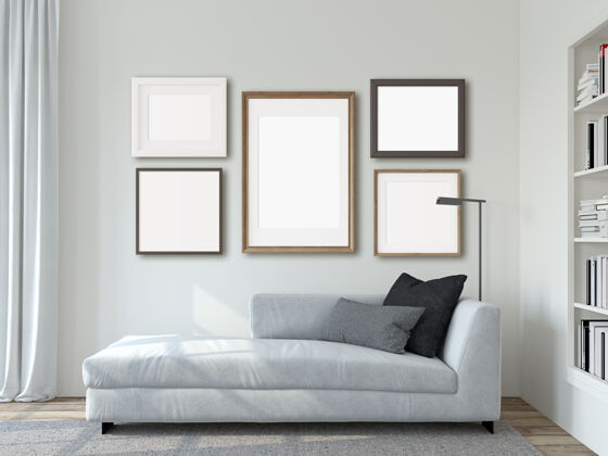 框架现代客厅内部框架实体模型白色沙发靠近白色墙壁3d渲染墙书家具