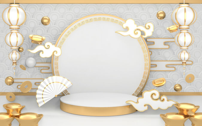 产品金色领奖台最小几何白色和金色抽象风格三维渲染室内颜色空