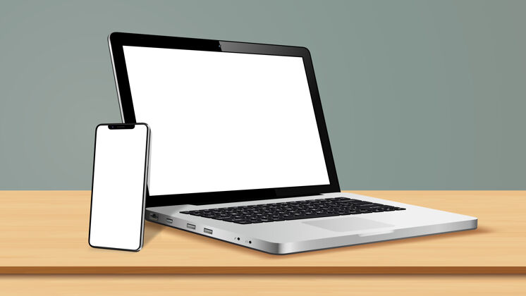 科技笔记本电脑和智能手机 桌面上有黑屏设备空白屏幕