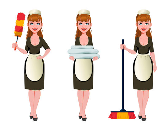 服务女佣 清洁工 微笑的清洁工 三个姿势年轻家务女士