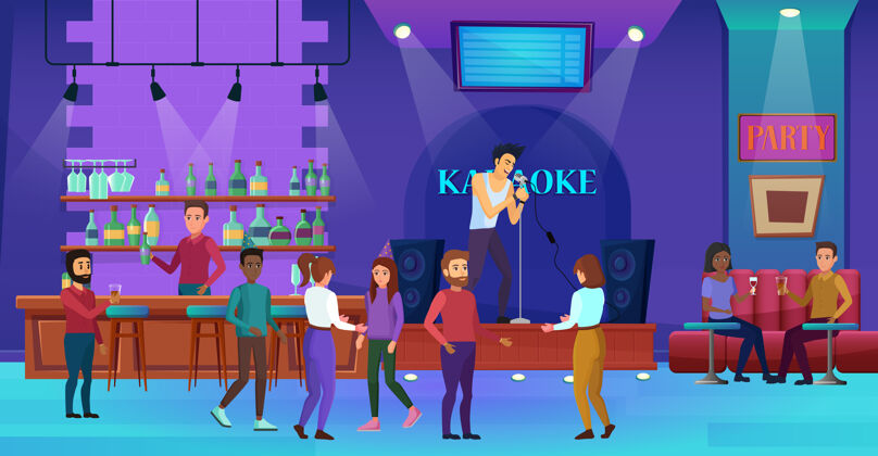 男人人们在卡拉OK夜总会酒吧聚会室内玩得开心节日饮料舞台