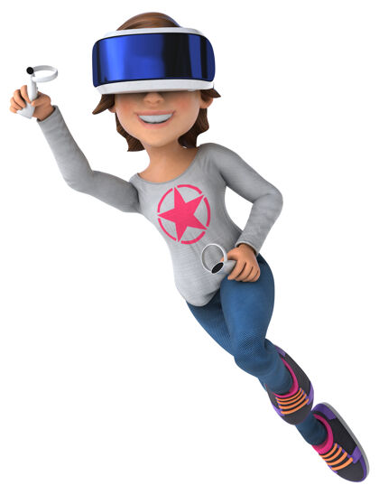 女人一个戴着vr头盔的少女的有趣3d插图视频游戏体验