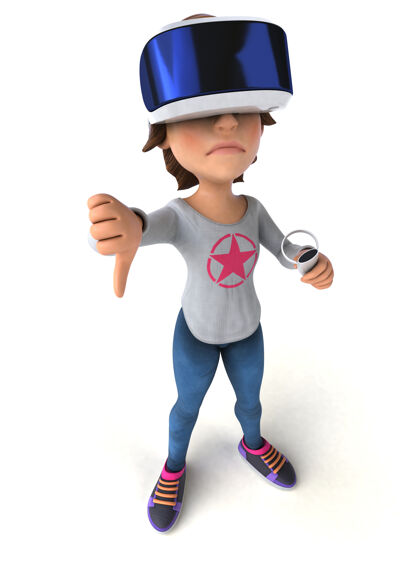 虚拟一个戴着vr头盔的少女的有趣3d插图耳机孩子播放器