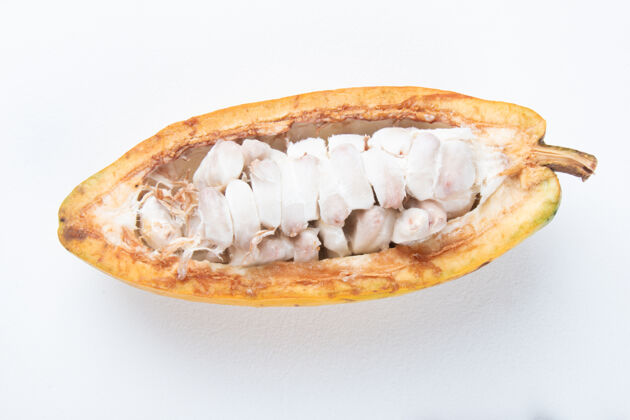 彩色在白色背景上切下成熟的可可果自然豆食物