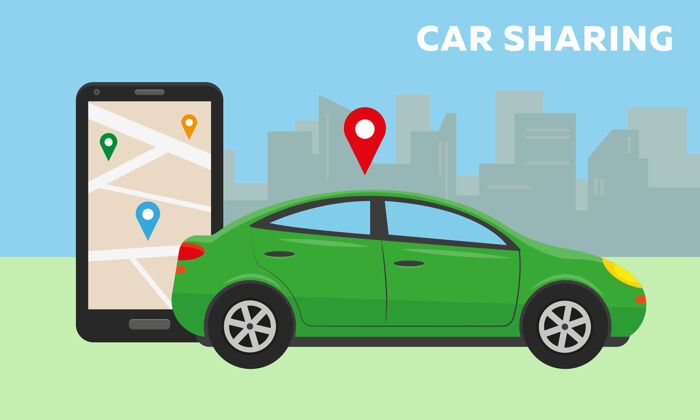 应用程序汽车在城市和大智能手机与汽车共享应用程序的屏幕上租赁共享在线