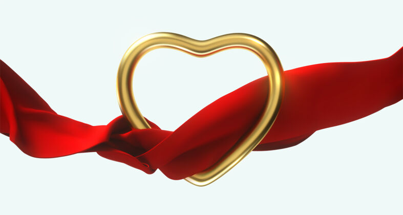 流动金色的心形和飘逸的红布插画符号情人节爱