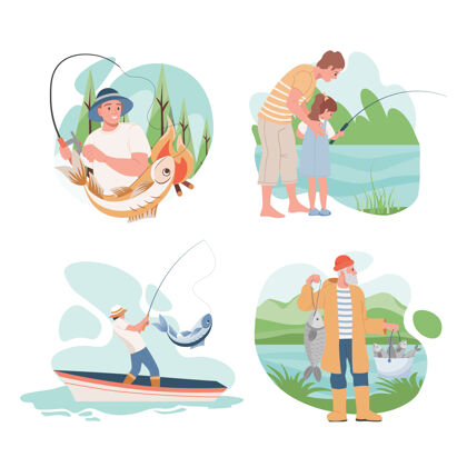 河流一套钓鱼人的插图钓鱼鱼竿娱乐