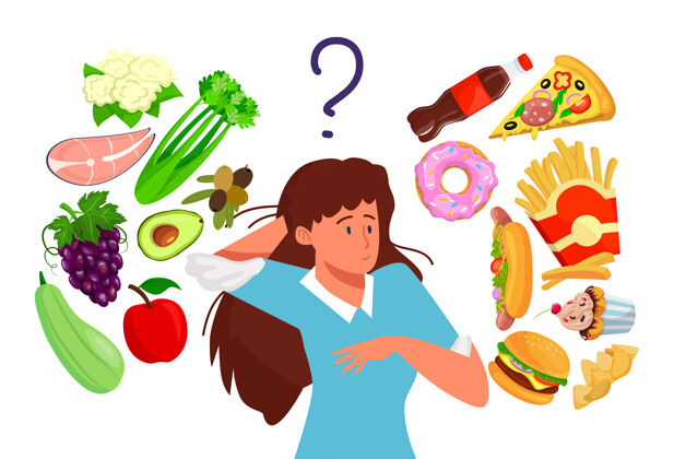 女性在健康食品和快餐之间选择女人营养饮食