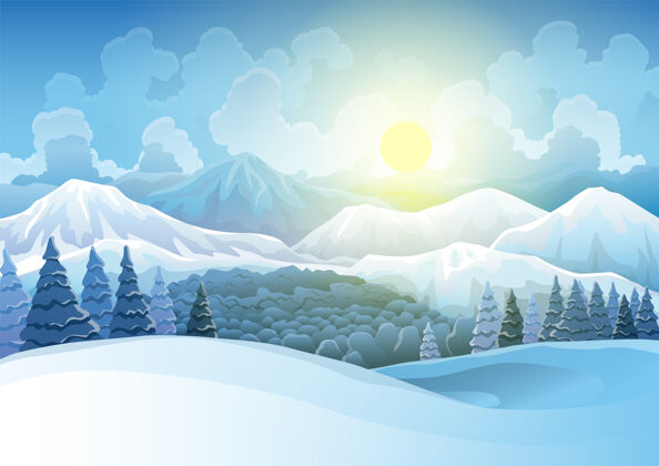 白天冬季山脉雪景松林和山丘的背景风景光景色