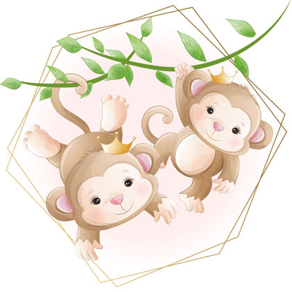 卡通水彩画可爱的卡通小猴子与花卉动物人物装饰
