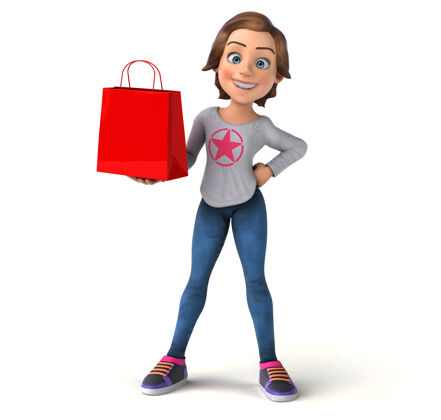 购物袋有趣的卡通少女三维插图女人青少年3d