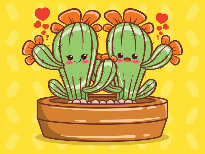 植物可爱的仙人掌情侣卡通人物和插图植物卡通涂鸦