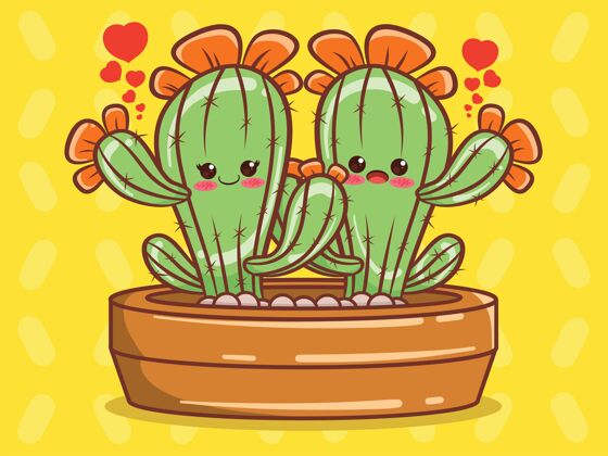 植物可爱的仙人掌情侣卡通人物和插图植物卡通涂鸦