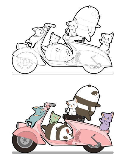 插图可爱的猫和熊猫爱摩托车卡通彩页为孩子们卡通猫熊猫