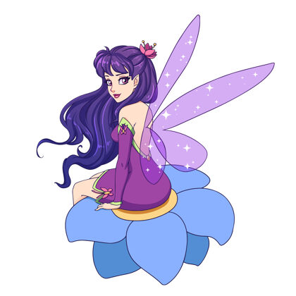 仙女美丽的卡通仙女 有着闪亮的紫罗兰色翅膀 紫色的头发坐在花上精灵年轻美丽