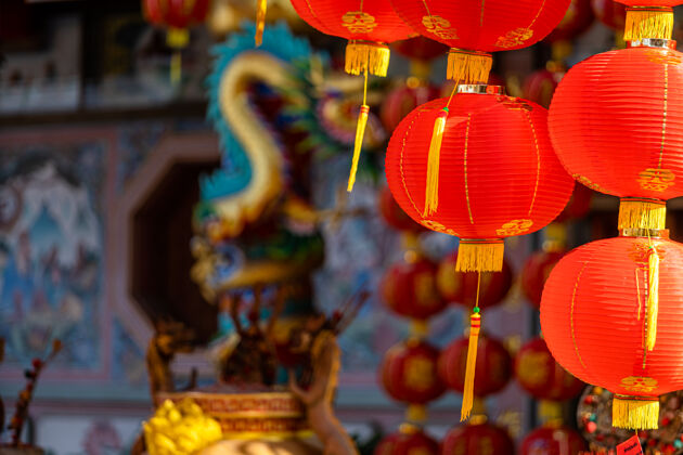 寺庙中国神社新年的红灯笼装饰团体城市传统