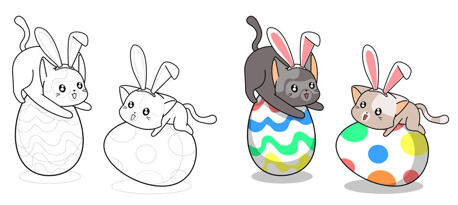 插画可爱的小兔子猫复活节彩蛋卡通彩页为孩子们卡通兔耳朵动物