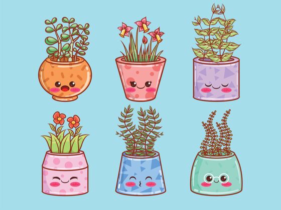 植物学一套可爱的夏季花盆卡通人物和插图植物花热带