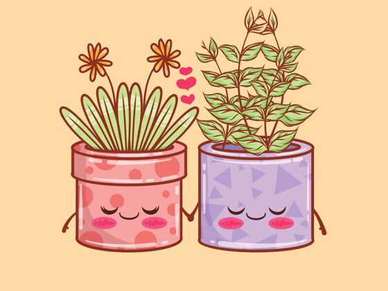 爱可爱的夏日花盆卡通人物插图.情侣概念情侣植物学可爱