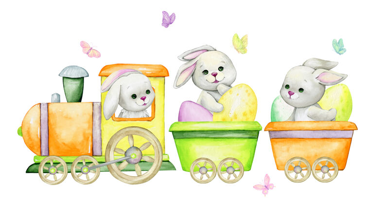水彩兔子 骑在火车上 带着复活节彩蛋 周围都是兔子蝴蝶水彩画剪贴画 卡通风格 手绘假日火车头运输