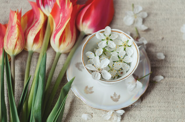 春天红色的郁金香和白色的花瓣在一个杯子里 在米色的布料上复制空间开花礼物
