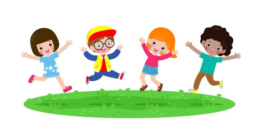 跳跃快乐的孩子们在公园里跳啊跳啊孩子男孩户外