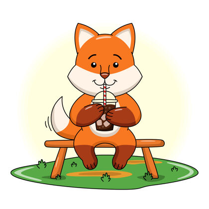 插图可爱的狐狸喝冷巧克力饮料卡通插图卡通咖啡巧克力