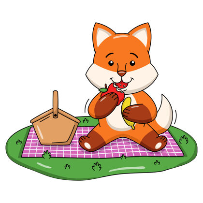 插图可爱的狐狸吃水果的卡通插图食物动物野餐
