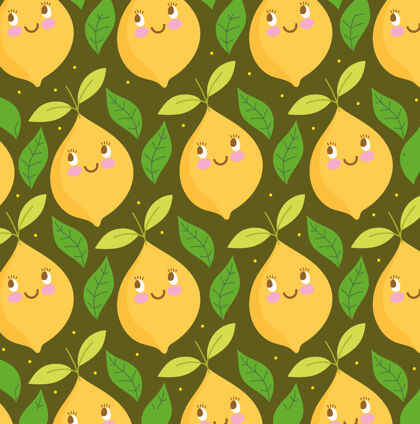 墙纸食物图案有趣快乐卡通可爱柠檬和树叶矢量插图饮食柠檬人物