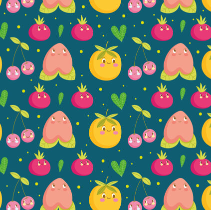 背景食物图案有趣快乐卡通可爱的水果和树叶矢量插图甜美墙纸水果