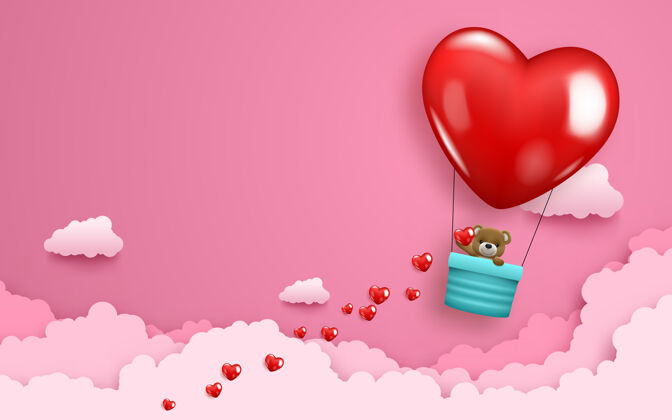 热气球可爱的熊宝宝带着心形气球在粉红色的天空中飞翔气球云飞
